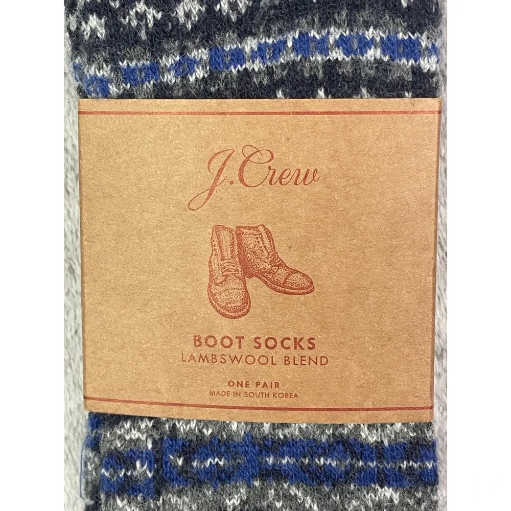 NWT J.Crew Men's Boot Socks Lambswool Blend Fair Isle Blue Grey One Size BD115